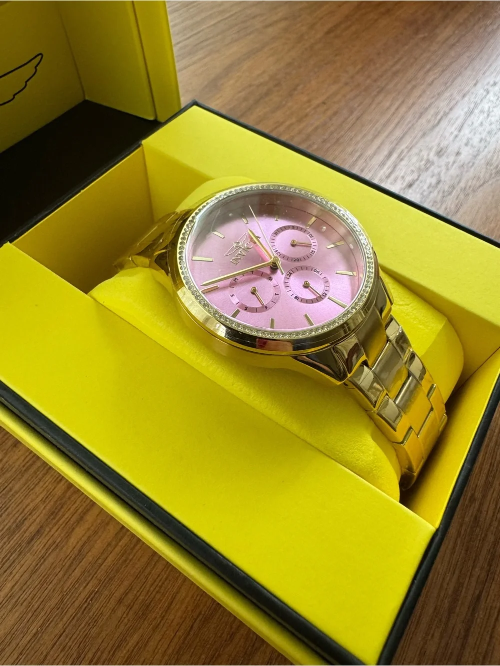 Angel Lady Invicta Gold-Tone Bracelet Watch with Pink Dial & Crystal Bezel 38mm